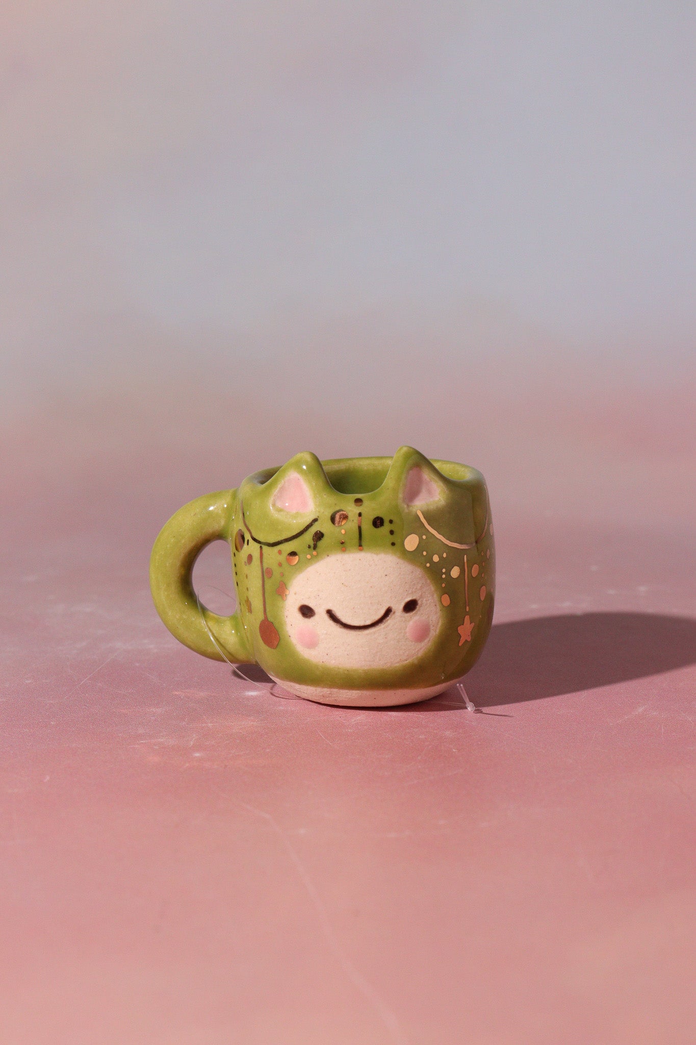 Small Figurine - Mini Mug Ornament (Green Kitty)